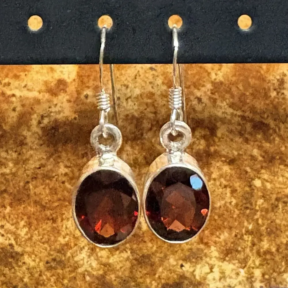 Sterling Silver & Garnet Earrings Oval Shaped Dangle/Drop